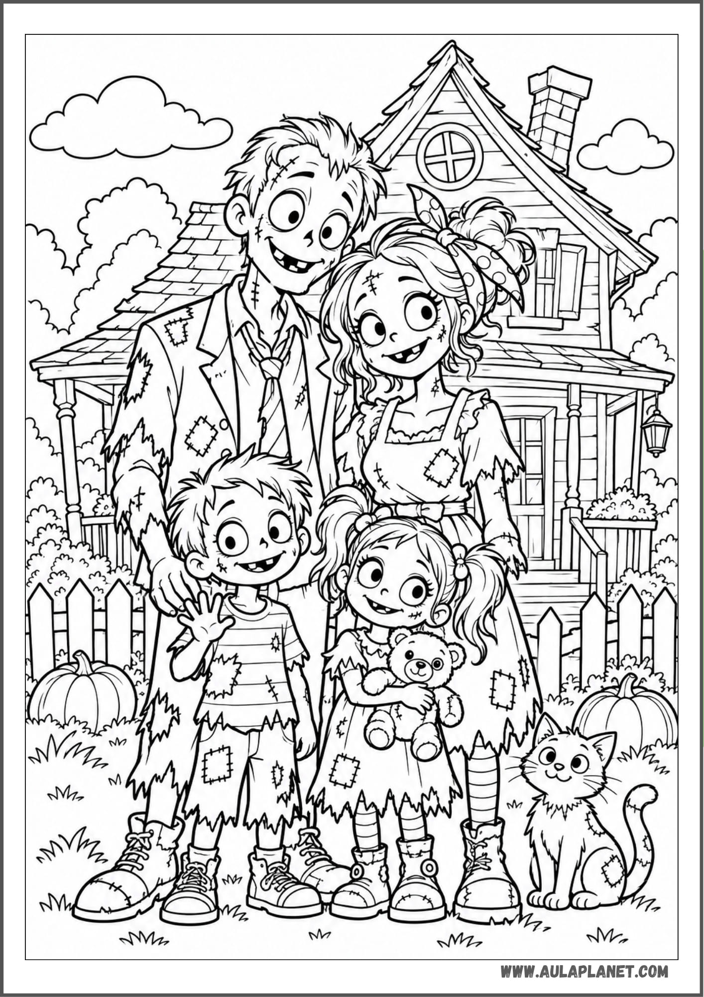 Familia de zombis frente a su casa