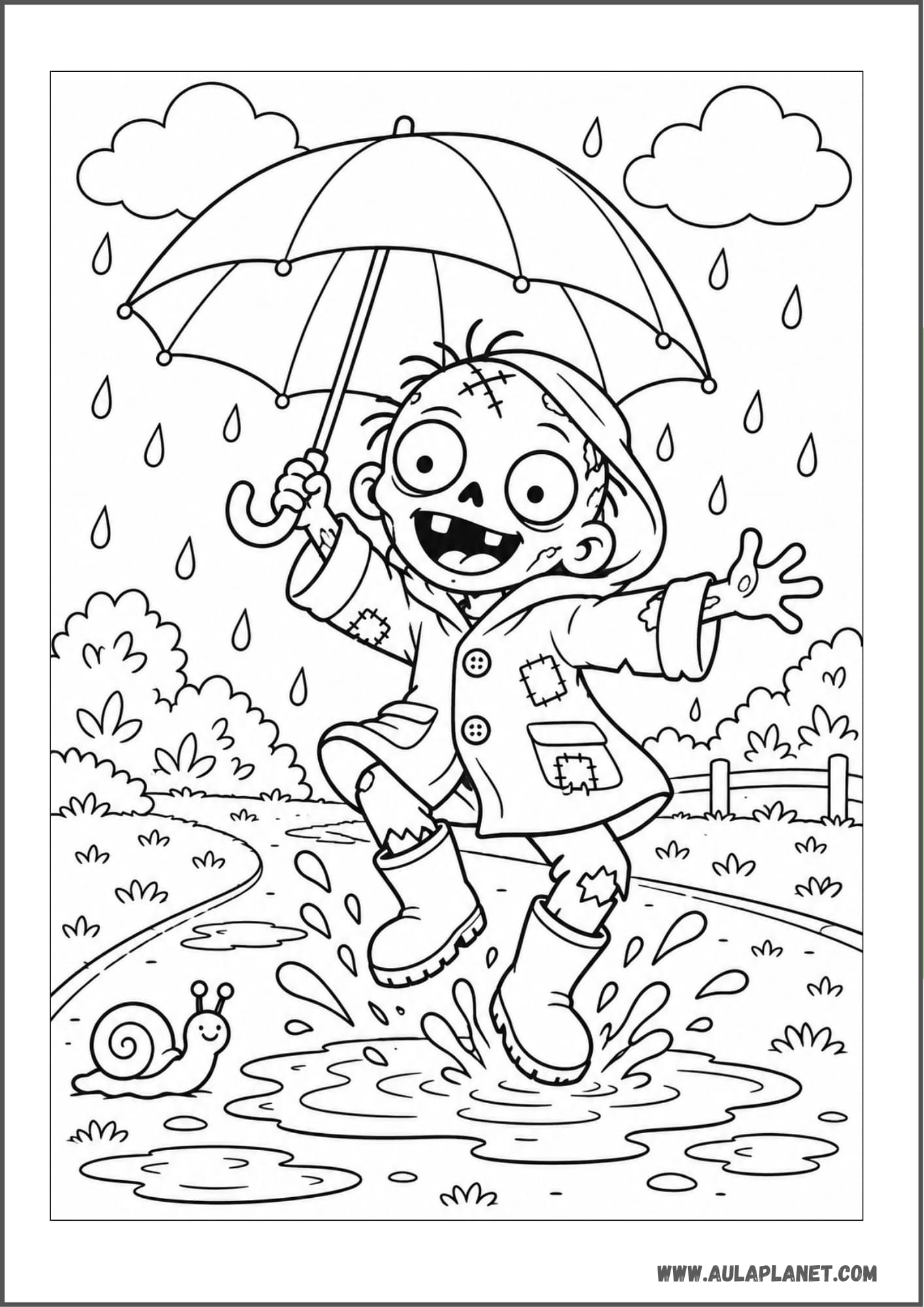 Zombi saltando en un charco bajo la lluvia