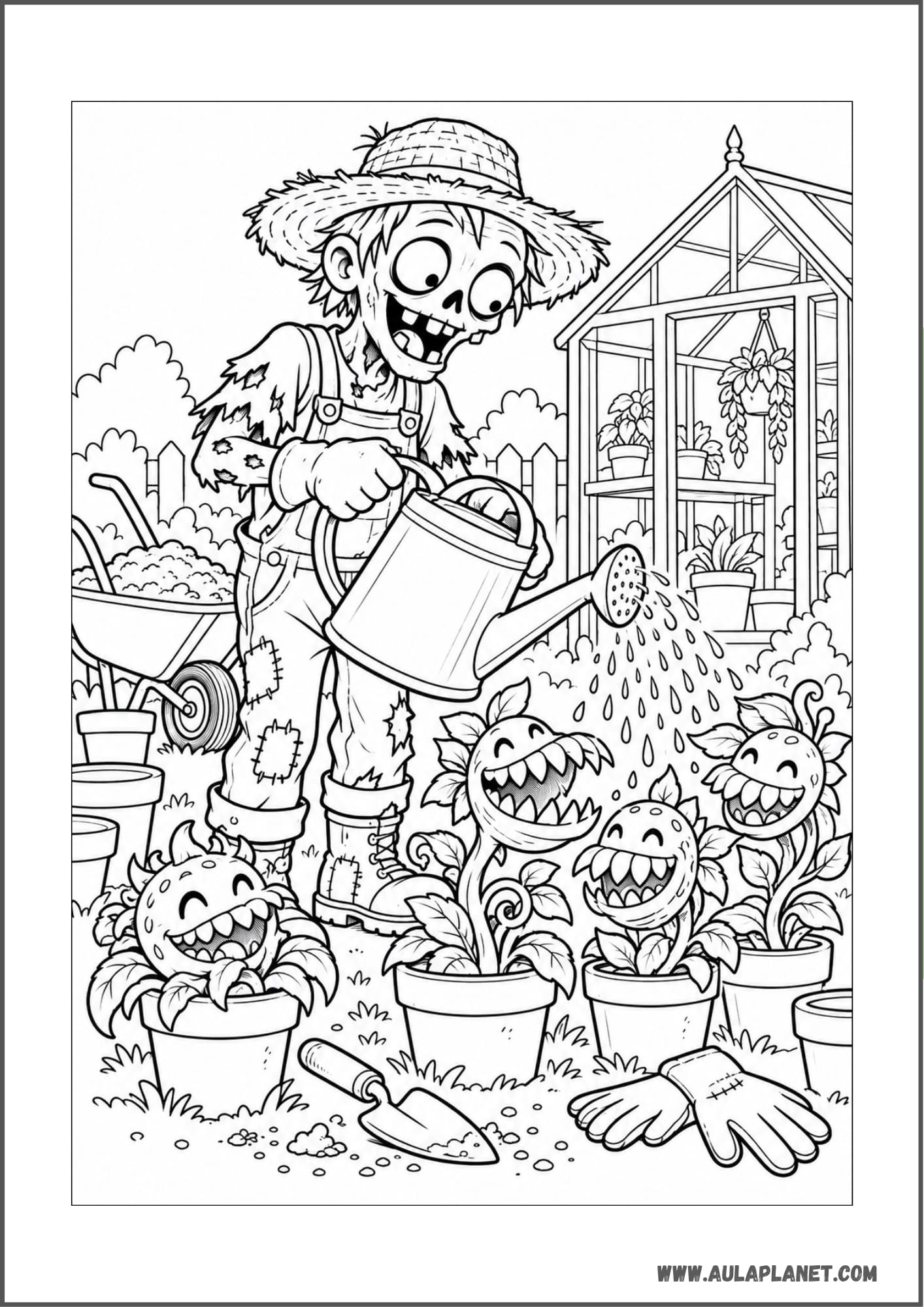 Zombi jardinero con plantas monstruosas